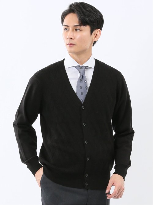 ウォッシャブル ウール混ダイヤ柄 ニットカーディガン