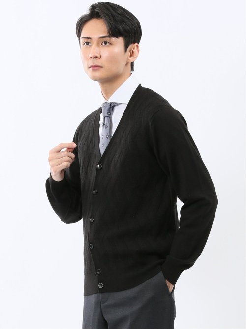 ウォッシャブル ウール混ダイヤ柄 ニットカーディガン