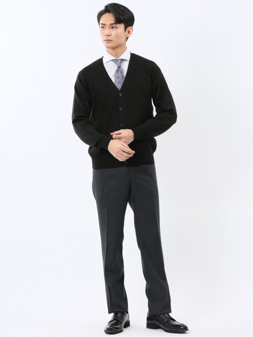 ウォッシャブル ウール混ダイヤ柄 ニットカーディガン