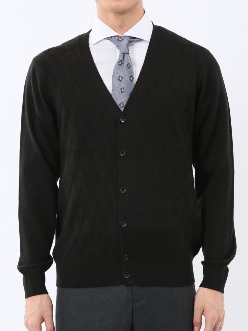 ウォッシャブル ウール混ダイヤ柄 ニットカーディガン