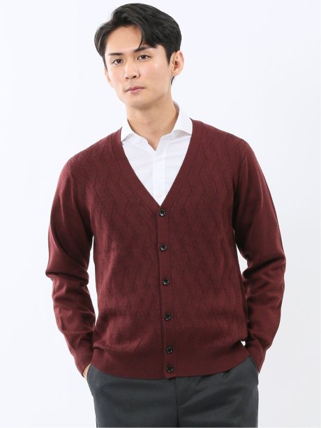 ウォッシャブル ウール混ダイヤ柄 ニットカーディガン