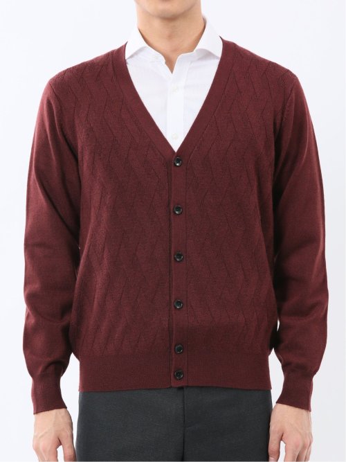 ウォッシャブル ウール混ダイヤ柄 ニットカーディガン