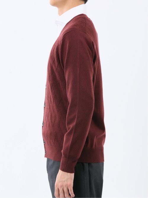 ウォッシャブル ウール混ダイヤ柄 ニットカーディガン