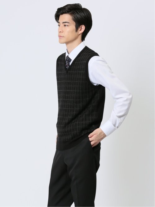 ウォッシャブル ウール混 チェック柄 プルベスト