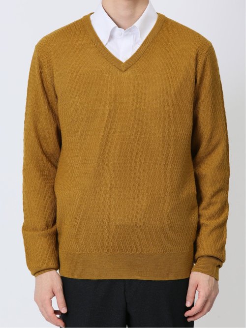 ウォッシャブル ウール混 ジャガード Vネックニット