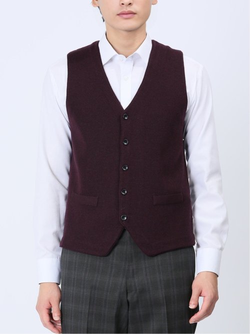 ウォッシャブル ウール混ソリッド ニットジレ