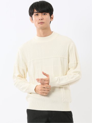 ウォッシャブル ストレッチ パッチワーク柄 モックネックニット