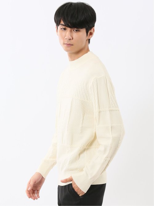 ウォッシャブル ストレッチ パッチワーク柄 モックネックニット