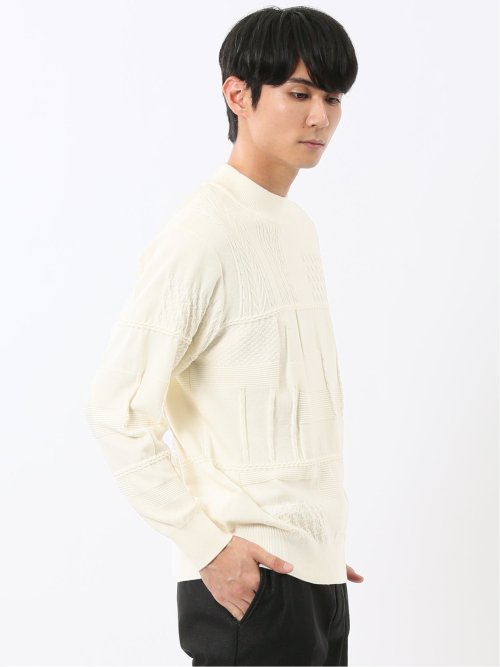 ウォッシャブル ストレッチ パッチワーク柄 モックネックニット