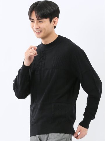 ウォッシャブル ストレッチ パッチワーク柄 モックネックニット