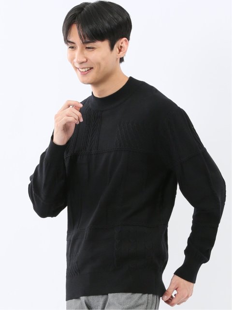 ウォッシャブル ストレッチ パッチワーク柄 モックネックニット