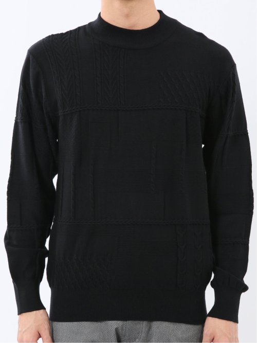 ウォッシャブル ストレッチ パッチワーク柄 モックネックニット