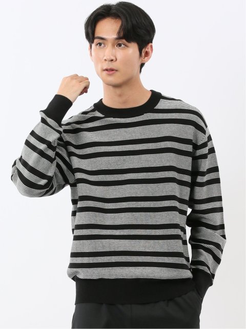 ウォッシャブル ストレッチ 配色ボーダー クルーニット