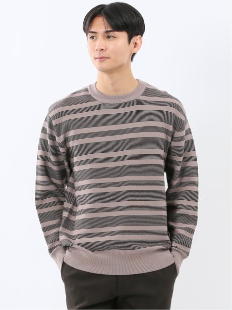 ウォッシャブル ストレッチ 配色ボーダー クルーニット