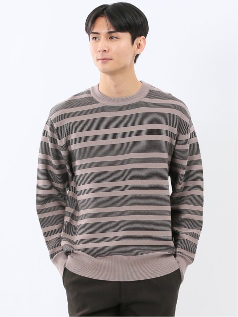 ウォッシャブル ストレッチ 配色ボーダー クルーニット