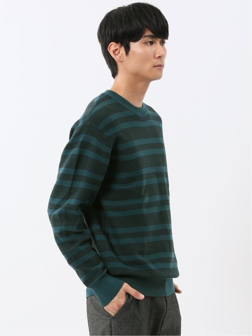 ウォッシャブル ストレッチ 配色ボーダー クルーニット