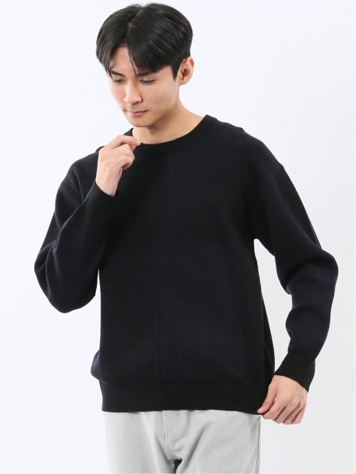 ウォッシャブル ストレッチ チェック柄 クルーニット(M 05黒