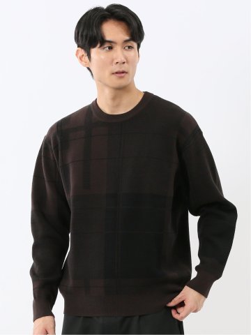 ウォッシャブル ストレッチ チェック柄 クルーニット