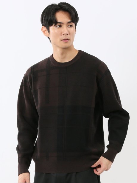 ウォッシャブル ストレッチ チェック柄 クルーニット