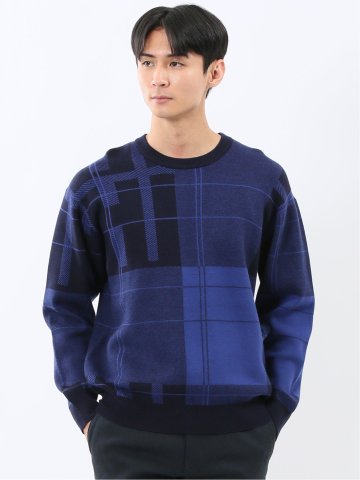 ウォッシャブル ストレッチ チェック柄 クルーニット