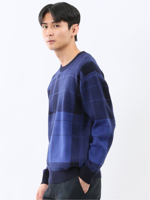 ウォッシャブル ストレッチ チェック柄 クルーニット