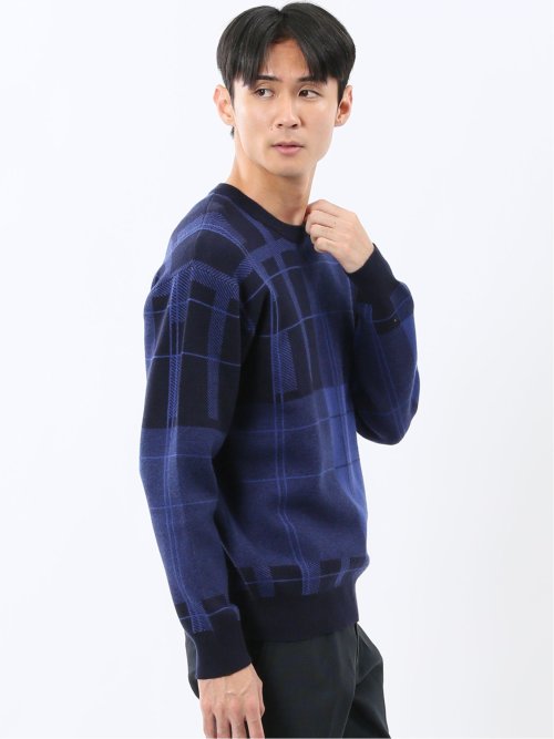 ウォッシャブル ストレッチ チェック柄 クルーニット