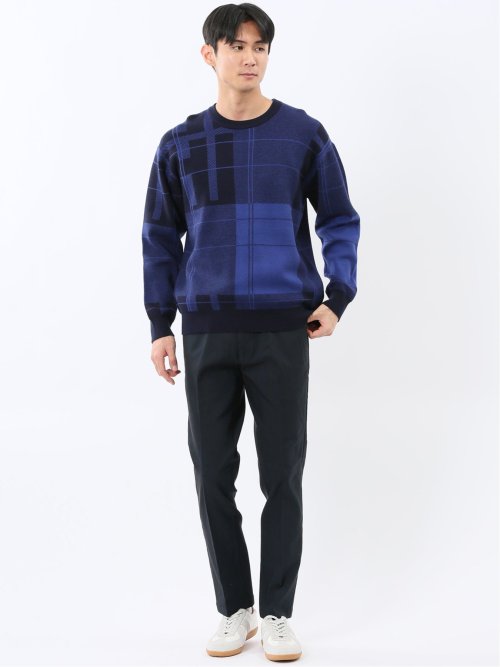 ウォッシャブル ストレッチ チェック柄 クルーニット