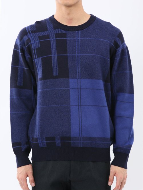 ウォッシャブル ストレッチ チェック柄 クルーニット