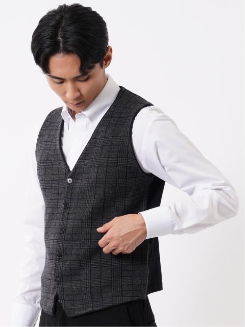 ニット ジレ ベスト メンズ ストレッチ ハンドウォッシャブル 前開き ウール混 グレンチェック