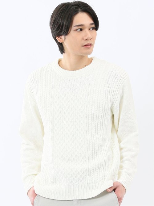 み　Gニット　ホワイト ハンドウォッシャブル モールケーブル編み クルーニット(M 02