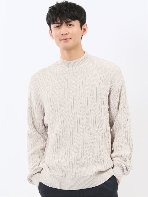 ハンドウォッシャブル モール幾何学柄 モックネックニット