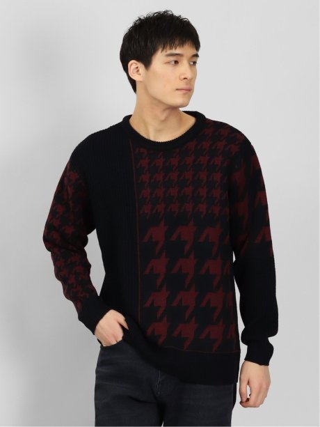 ウォッシャブル 柄切替 クルーニット