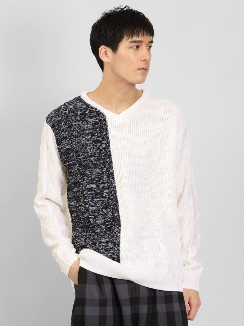 ウォッシャブル 編地切替 Vネックニット