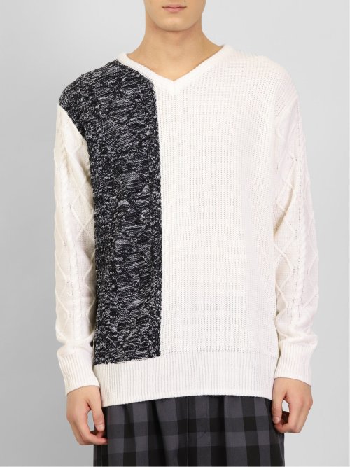 ウォッシャブル 編地切替 Vネックニット