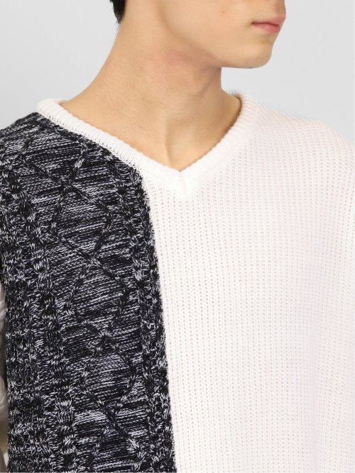 ウォッシャブル 編地切替 Vネックニット