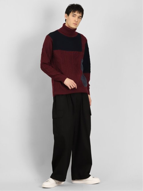 ウォッシャブル 編地切替 タートルネックニット