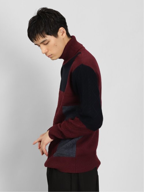 ウォッシャブル 編地切替 タートルネックニット