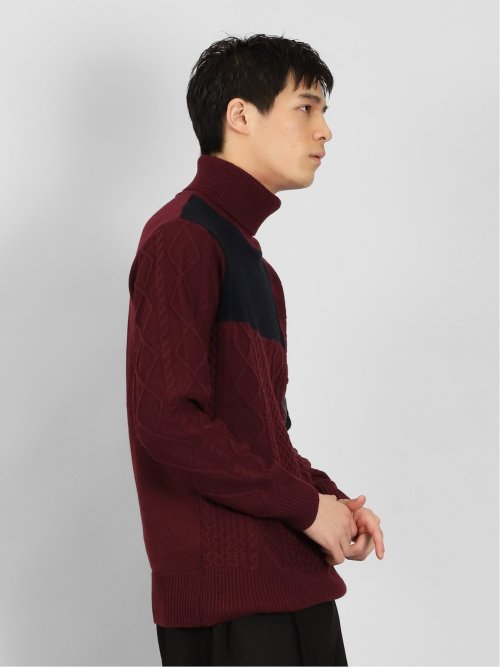 ウォッシャブル 編地切替 タートルネックニット