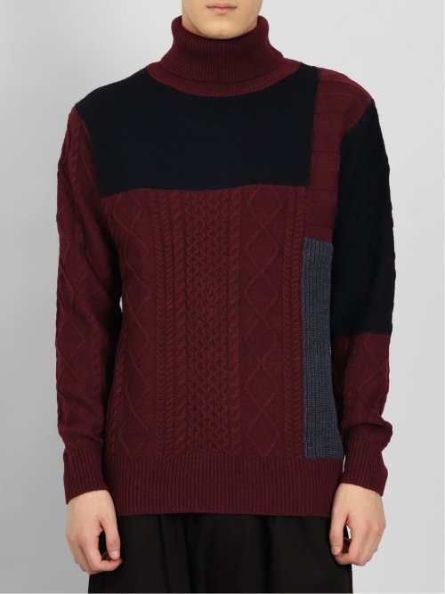 ウォッシャブル 編地切替 タートルネックニット(S 15ワイン): トップス