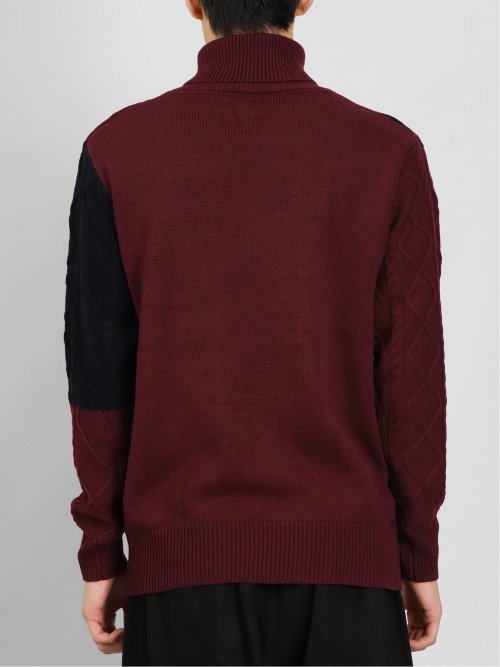 ウォッシャブル 編地切替 タートルネックニット