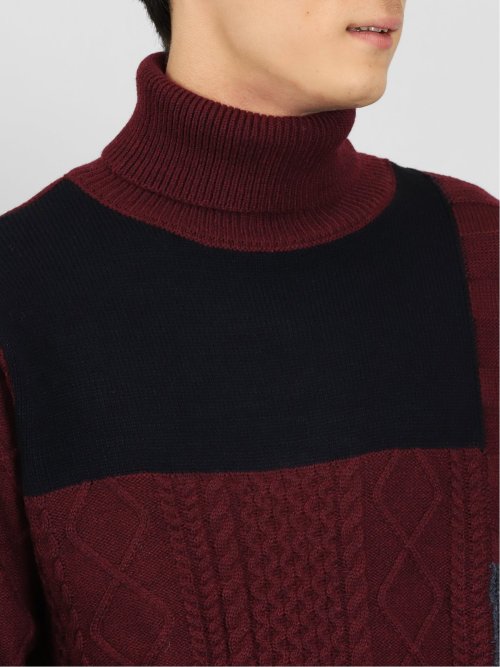 ウォッシャブル 編地切替 タートルネックニット