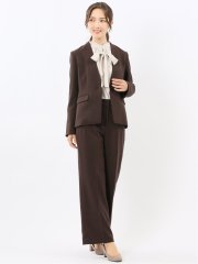 ストレッチウォッシャブル ノーカラージャケット＋セミワイドパンツ ウーリッシュこげ茶