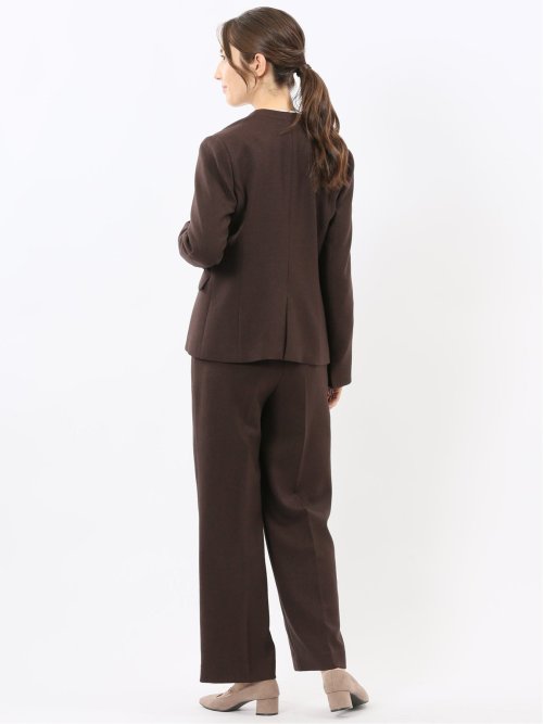 ストレッチウォッシャブル ノーカラージャケット＋セミワイドパンツ ウーリッシュこげ茶