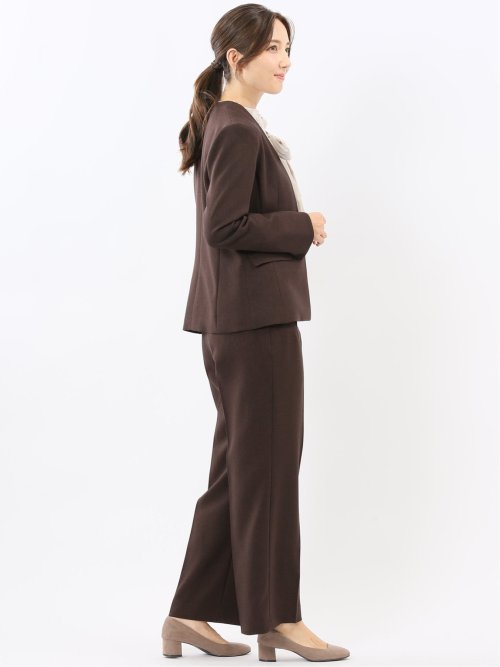 ストレッチウォッシャブル ノーカラージャケット＋セミワイドパンツ ウーリッシュこげ茶