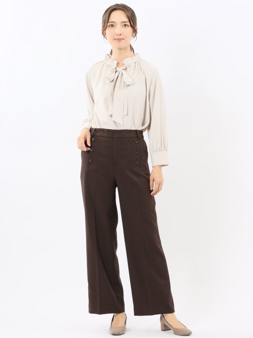 ストレッチウォッシャブル ノーカラージャケット＋セミワイドパンツ ウーリッシュこげ茶