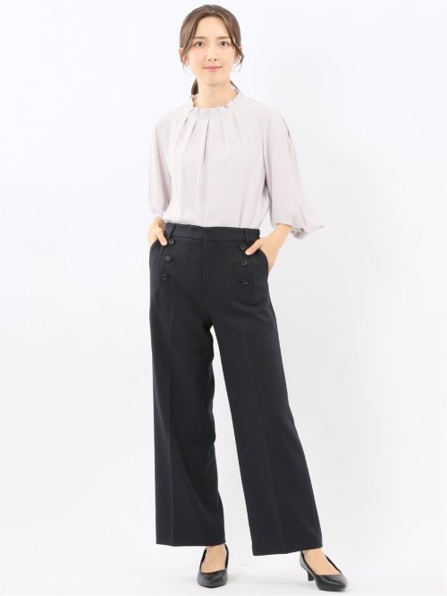 ストレッチウォッシャブル ノーカラージャケット＋セミワイドパンツ ウーリッシュ紺