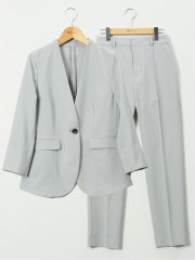 ストレッチ ウォッシャブル カラーレス 7分袖 ジャケット＋テーパードパンツ ピンヘッドライトグレー