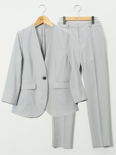 ストレッチ ウォッシャブル カラーレス 7分袖 ジャケット＋テーパードパンツ ピンヘッドライトグレー