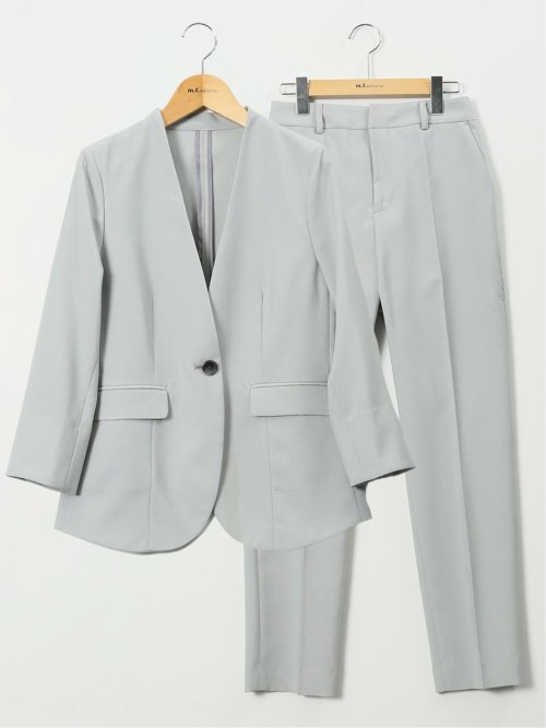 ストレッチ ウォッシャブル カラーレス 7分袖 ジャケット＋テーパードパンツ ピンヘッドライトグレー