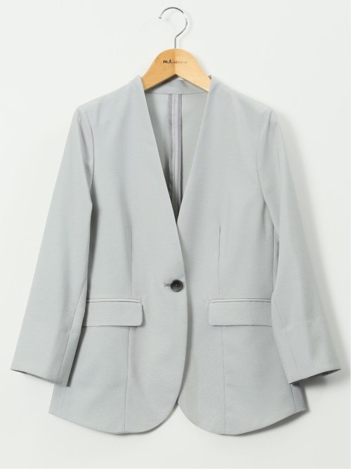 ストレッチ ウォッシャブル カラーレス 7分袖 ジャケット＋テーパードパンツ ピンヘッドライトグレー